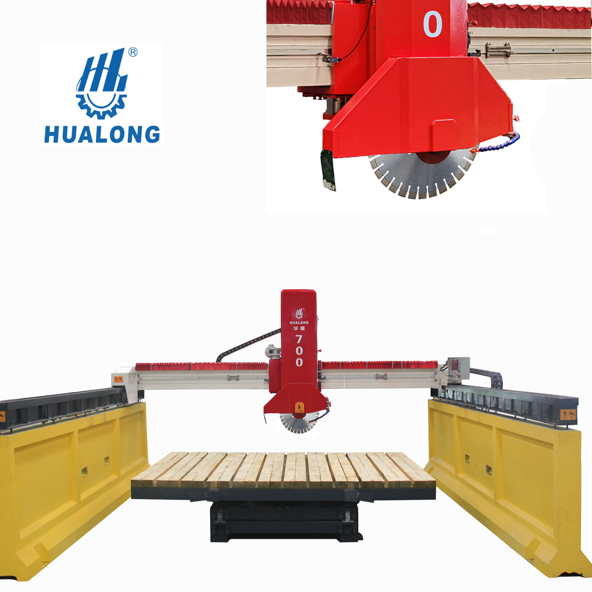 Hualong Stone Machinery HLSQ-700 Máquina cortadora de piedra con sierra de puente de alineación láser con base de cemento